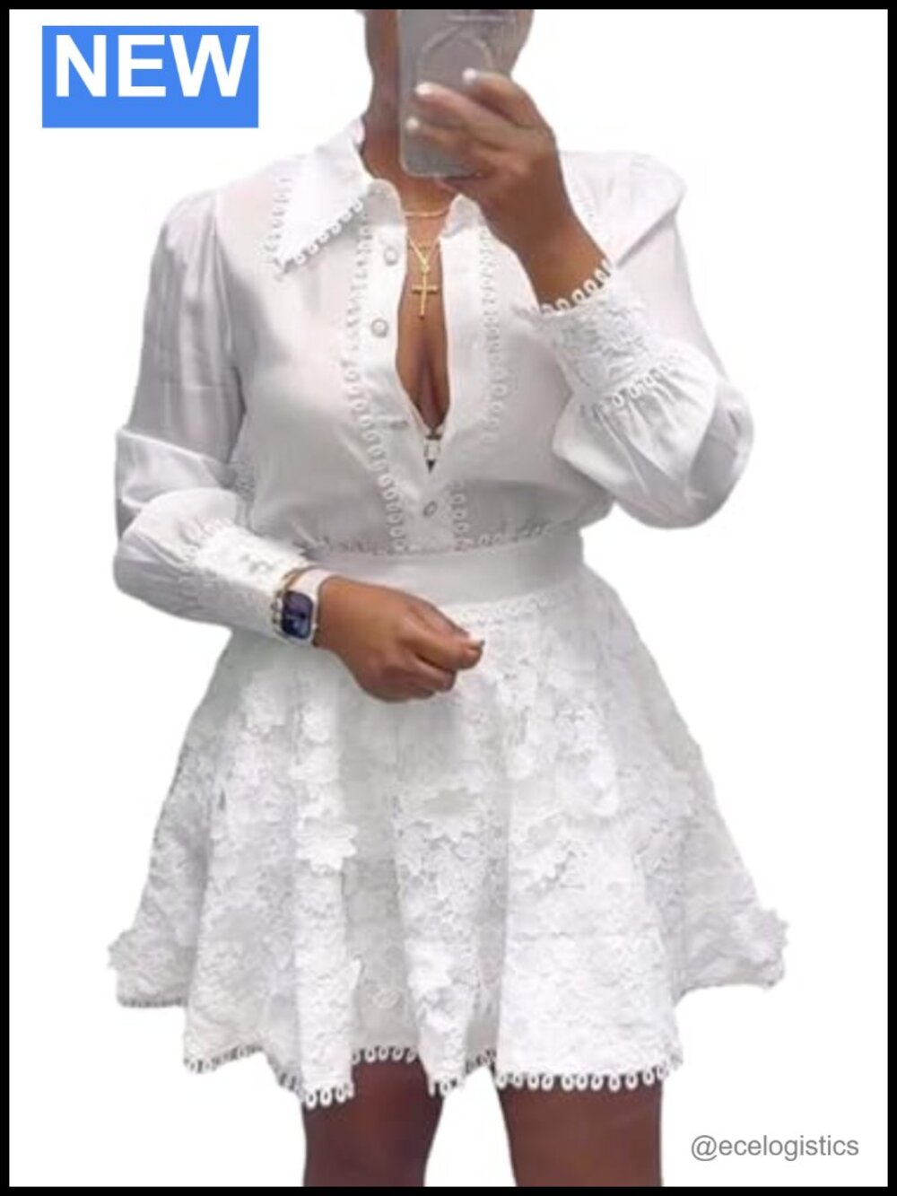 Lace Two Piece Skirt Set for Women Long Sleeve Blouse with Pleated Mini Skirt